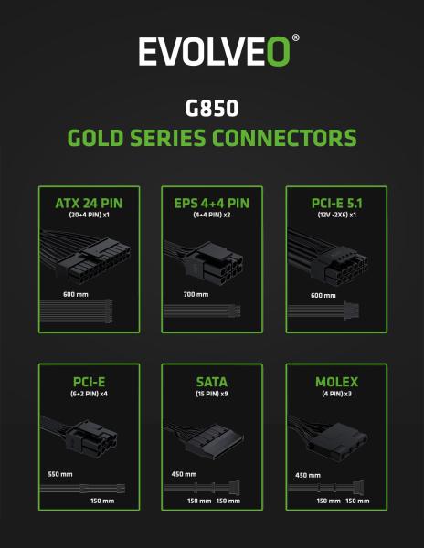 EVOLVEO G850, 850W, ATX 3.1, 14cm, aPFC, 80+GOLD, 3YRW 
