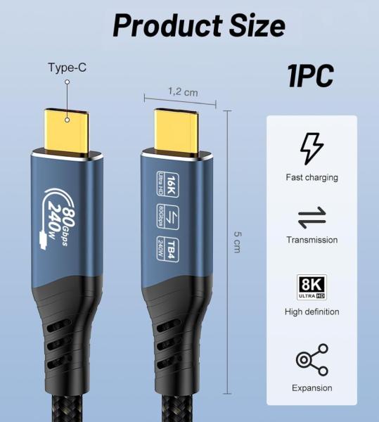 PremiumCord USB4™ Version2.0 80Gbps 16K@60Hz 240W Thunderbolt 3 a 4 kábel zahnutý 1m 