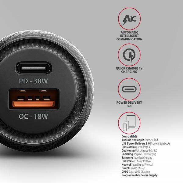 AXAGON PWC-PQ48 nabíjačka do auta 48W, USB-A + USB-C, PD3.0/ PPS/ QC4+/ SFC/ Apple 