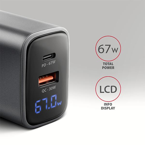 AXAGON ACU-PQ67D GaN nabíjačka do siete 67W, USB-A+USB-C, PD3.0/ PPS/ QC4+/ SFC2.0/ Apple, LCD display 