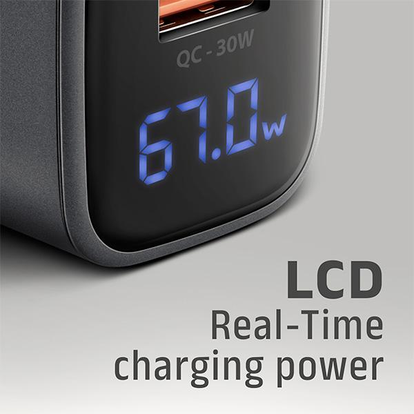 AXAGON ACU-PQ67D GaN nabíjačka do siete 67W, USB-A+USB-C, PD3.0/ PPS/ QC4+/ SFC2.0/ Apple, LCD display 