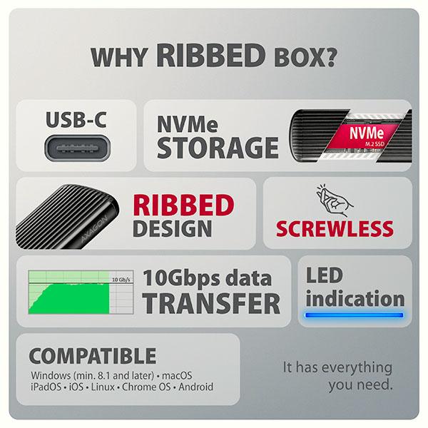 AXAGON EEM2-SC, USB-C 10Gbps externý box pre M.2 NVMe SSD, bezskrutkový, rebrovaný hliník 