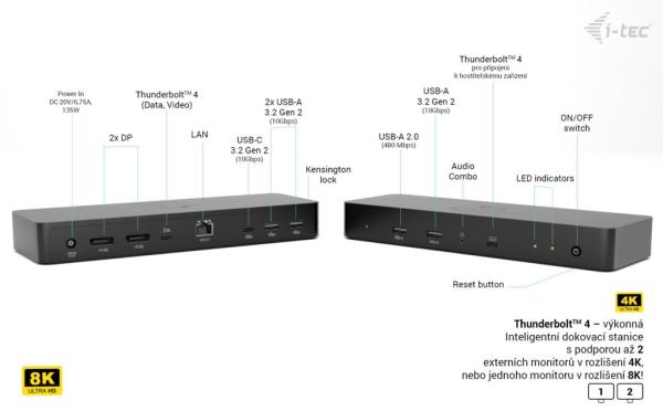 i-tec Thunderbolt 4 Intelligent Dual Display Docking Station, Power Delivery 90W 