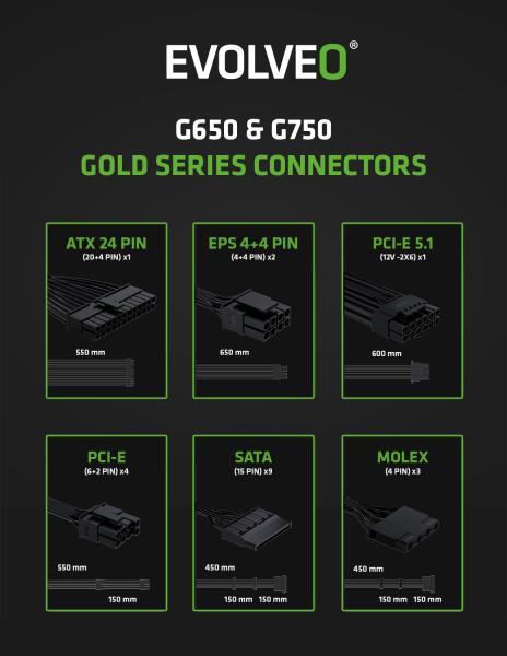 EVOLVEO G650, zdroj 650W, ATX3.1, 14cm, aPFC, 80 + GOLD, 3YRW 