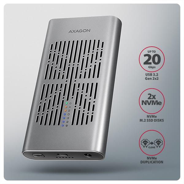 AXAGON EEM2-20GD, USB-C 20Gbps externý box pre dvoch M.2 NVMe SSD s funkciou klonovania 