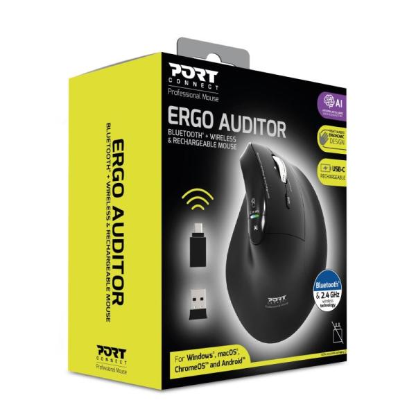 PORT CONNECT ERGO AUDITOR/ Vertikálna/ Optická/ Pre pravákov/ 4 800 DPI/ USB+BT/ Čierna 