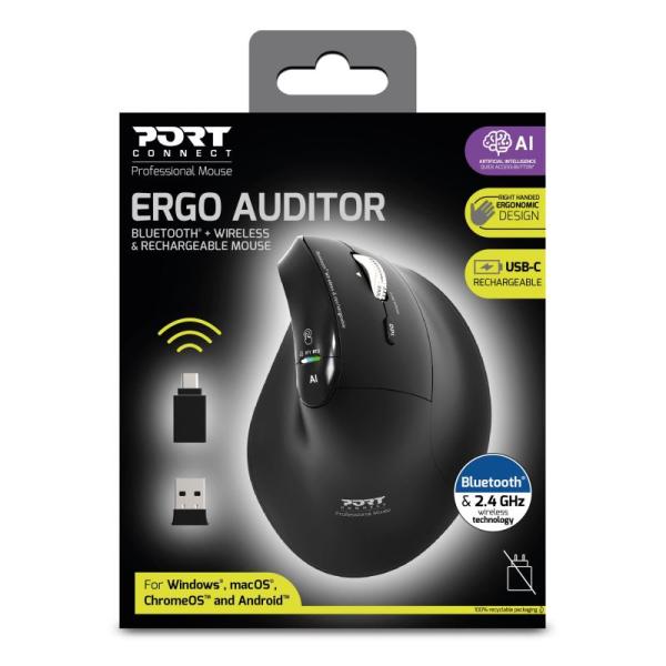 PORT CONNECT ERGO AUDITOR/ Vertikálna/ Optická/ Pre pravákov/ 4 800 DPI/ USB+BT/ Čierna 