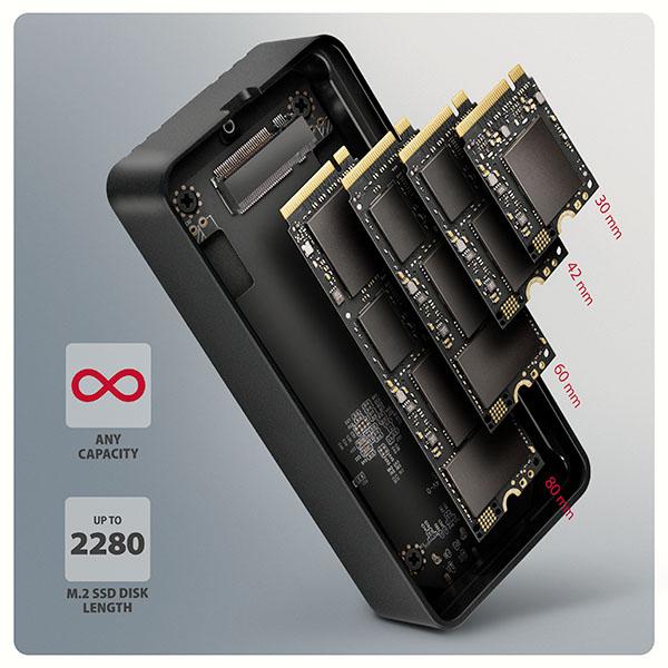 AXAGON EEM2-40G, USB-C 40Gbps externý box pre M.2 NVMe SSD, zosilnený hliník 