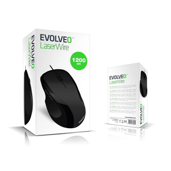 EVOLVEO ML-507B/ Ergonomická/ Laserová/ Pre pravákov/ 1 600 DPI/ Drôtová USB/ Čierna 