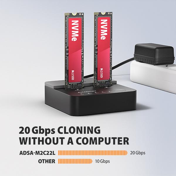 AXAGON ADSA-M2C22L, USB-C 20Gbps dokovacia stanica pre 2× M.2 NVMe SSD s funkciou klonovania 
