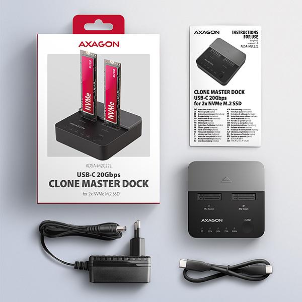 AXAGON ADSA-M2C22L, USB-C 20Gbps dokovacia stanica pre 2× M.2 NVMe SSD s funkciou klonovania 
