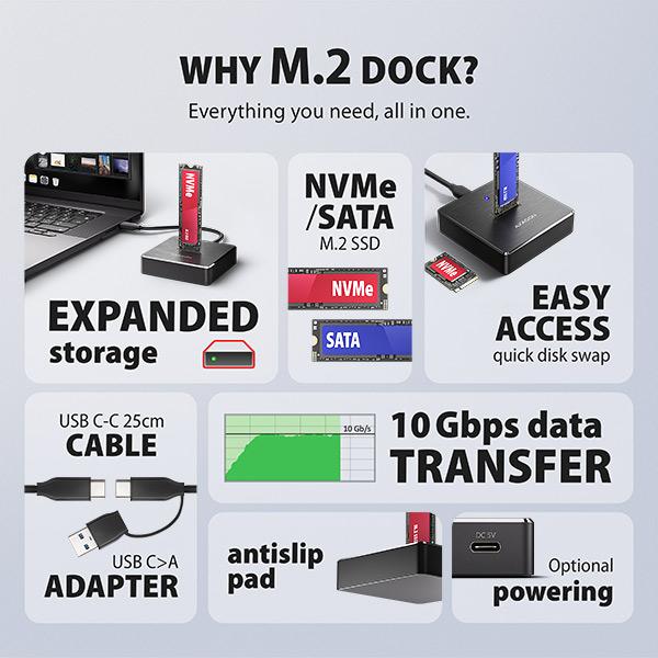 AXAGON ADSA-M2C11, USB-C 10Gbps dokovacia stanica pre 1× M.2 NVMe/ SATA SSD 