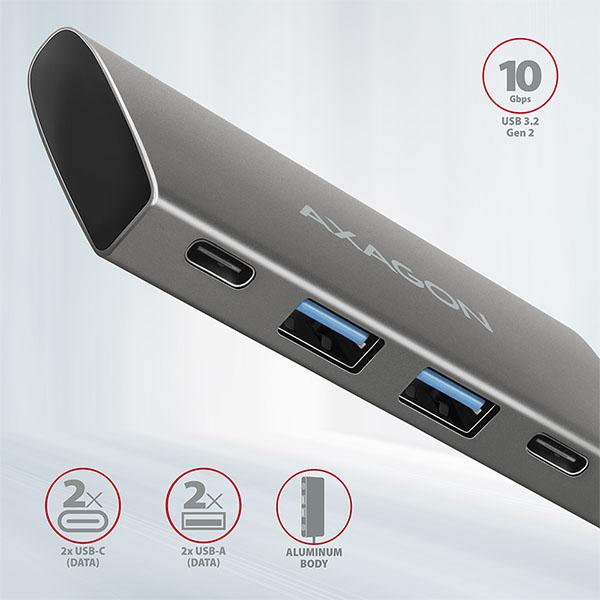 AXAGON HMC-4G2, USB-C 3.2 Gen 2 10 Gb/ s hub, porty 2x USB-A + 2x USB-C, kábel USB-C 13cm 