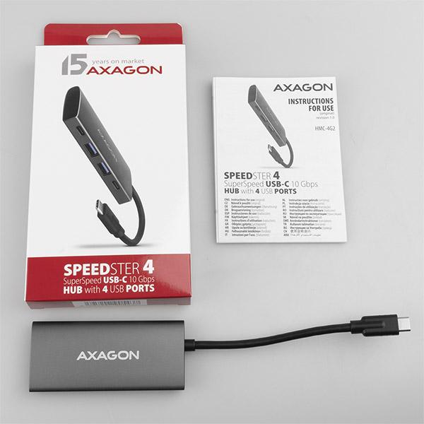 AXAGON HMC-4G2, USB-C 3.2 Gen 2 10 Gb/ s hub, porty 2x USB-A + 2x USB-C, kábel USB-C 13cm 