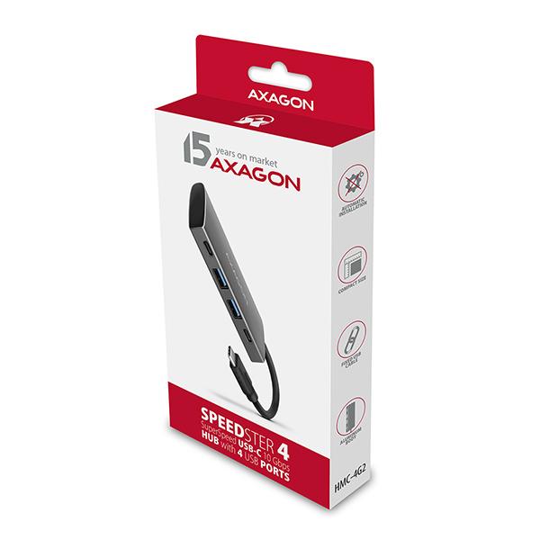 AXAGON HMC-4G2, USB-C 3.2 Gen 2 10 Gb/ s hub, porty 2x USB-A + 2x USB-C, kábel USB-C 13cm 
