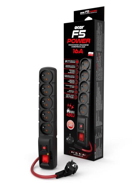 Acar F5 10m kábel, 5 zásuviek, prepäťová ochrana, max.prúd 16A, čierny 