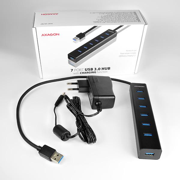 AXAGON HUE-SA7BP, 7x USB 3.0 ALU CHARGING hub, vr. AC adaptéra, kábel USB-A 40cm 