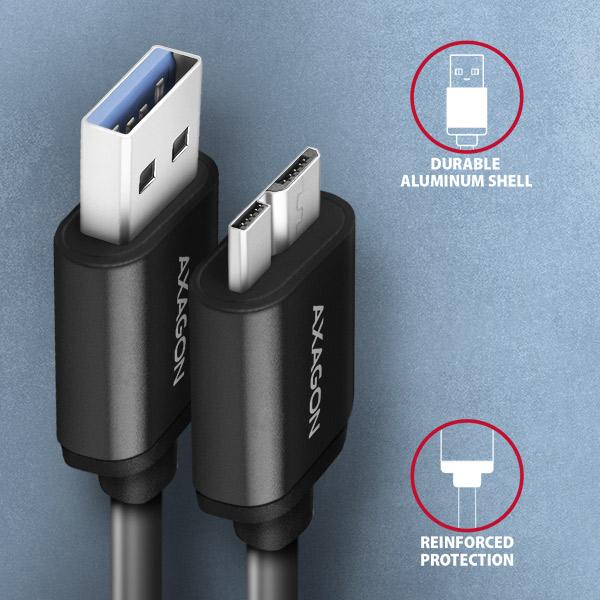 AXAGON BUMM3-AM10AB, SPEED kábel Micro-B USB <-> USB-A, 1m, USB 3.2 GEN 1, 3A, ALU, tpe, čierny 