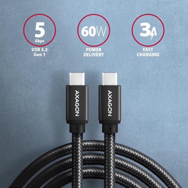 AXAGON BUCM3-CM20AB, SPEED kábel USB-C <-> USB-C, 2m, USB 3.2 Gen 1, PD 60W 3A, ALU, oplet, čierny 