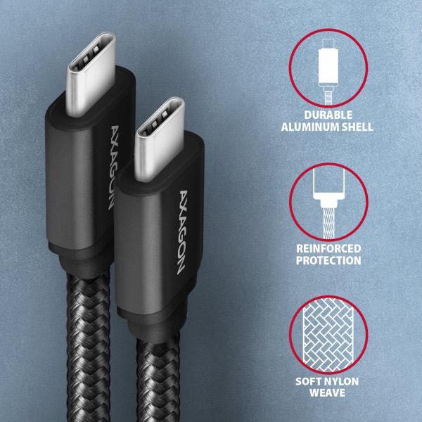 AXAGON BUCM3-CM20AB, SPEED kábel USB-C <-> USB-C, 2m, USB 3.2 Gen 1, PD 60W 3A, ALU, oplet, čierny 