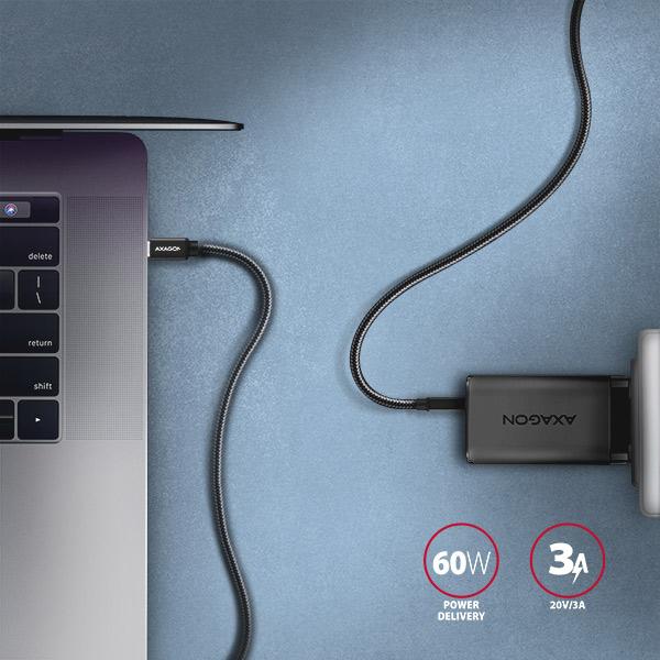 AXAGON BUCM3-CM20AB, SPEED kábel USB-C <-> USB-C, 2m, USB 3.2 Gen 1, PD 60W 3A, ALU, oplet, čierny 
