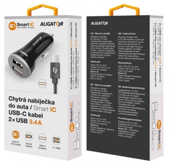 ALIGATOR Chytrá nabíjačka do auta 3.4A, 2xUSB, smart IC, čierna, USB-C kábel 