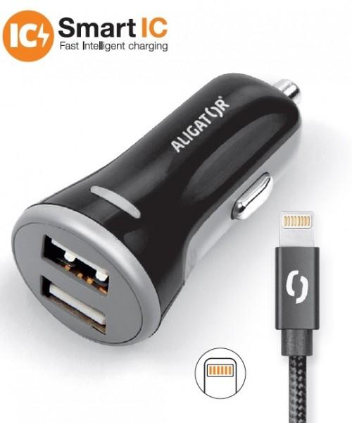 ALIGATOR 3.4A, 2xUSB, smart IC, čierna, USB kábel pre iPhone / iPad 