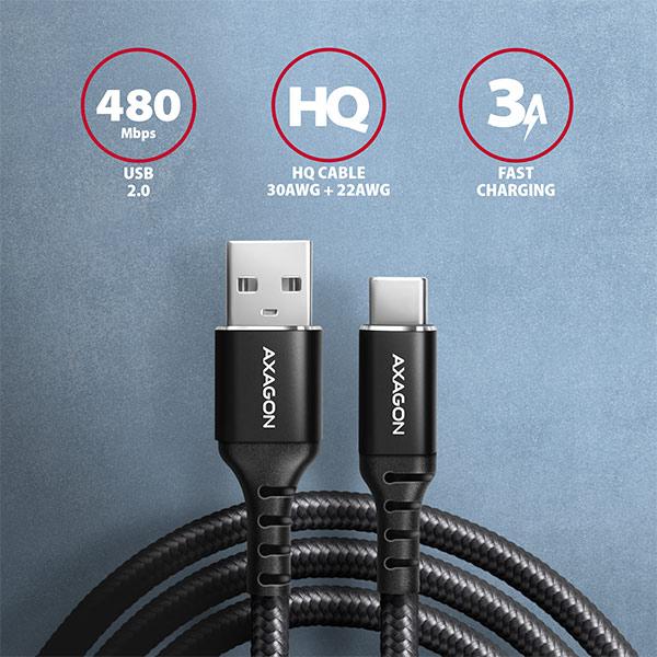 AXAGON BUCM-AM15AB, HQ kábel USB-C <-> USB-A, 1.5m, USB 2.0, 3A, ALU, oplet, čierny 