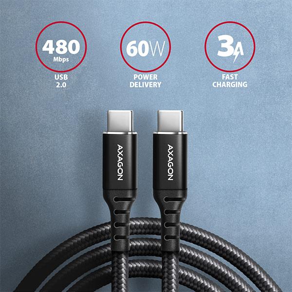 AXAGON BUCM-CM20AB, HQ kábel USB-C <-> USB-C, 2m, USB 2.0, PD 60W 3A, ALU, oplet, čierny 