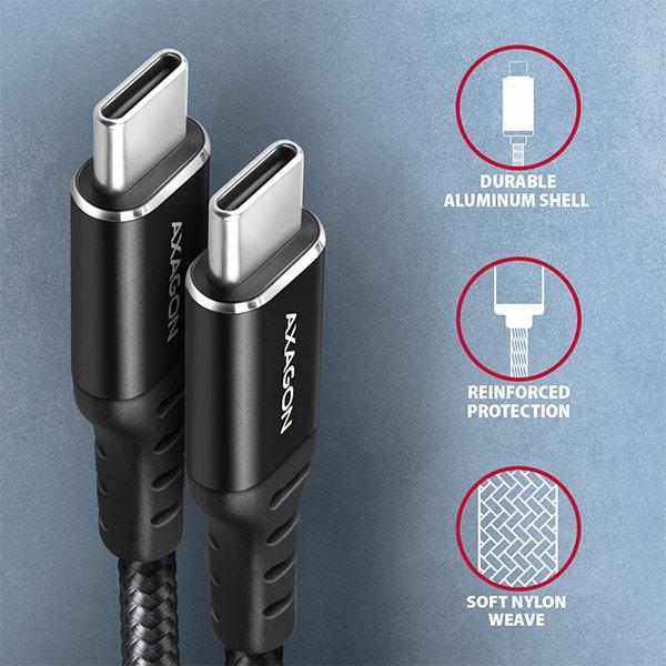 AXAGON BUCM-CM20AB, HQ kábel USB-C <-> USB-C, 2m, USB 2.0, PD 60W 3A, ALU, oplet, čierny 