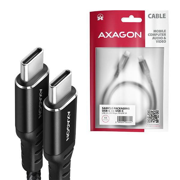 AXAGON BUCM-CM20AB, HQ kábel USB-C <-> USB-C, 2m, USB 2.0, PD 60W 3A, ALU, oplet, čierny 