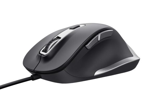 TRUST Fyda/ Ergonomická/ Optická/ Pre pravákov/ 5 000 DPI/ Drôtová USB/ Čierna-strieborná