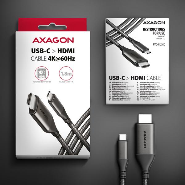 AXAGON RVC-HI2MC, USB-C -> HDMI 2.0a redukcia / kábel 1.8m, 4K/ 60Hz HDR10 