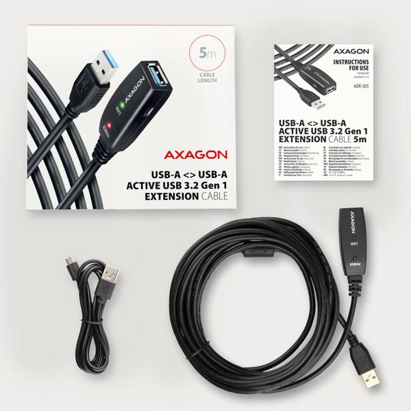AXAGON ADR-305, USB 3.2 Gen 1 A-M -> A-F aktívny predlžovací / repeater kábel, 5m 