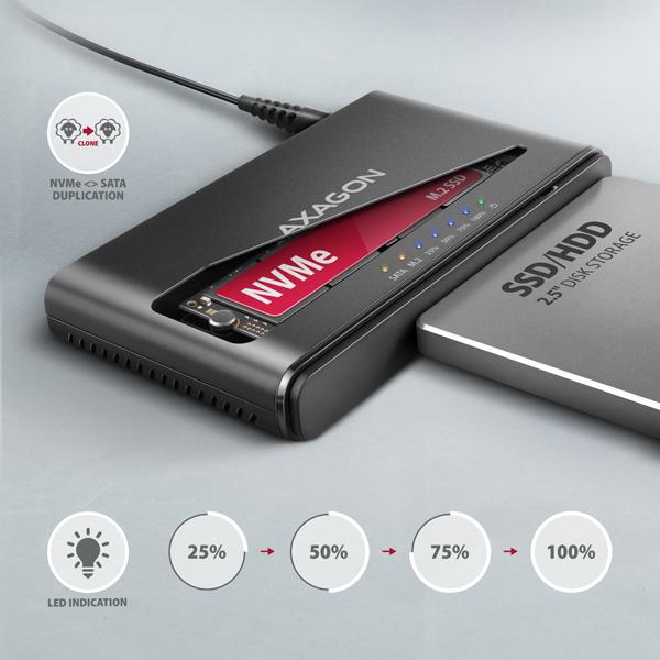 AXAGON ADSA-CC USB-C 10 Gbps - NVMe M.2 SSD & SATA 2.5"/ 3.5" SSD/ HDD CLONE MASTER 2 