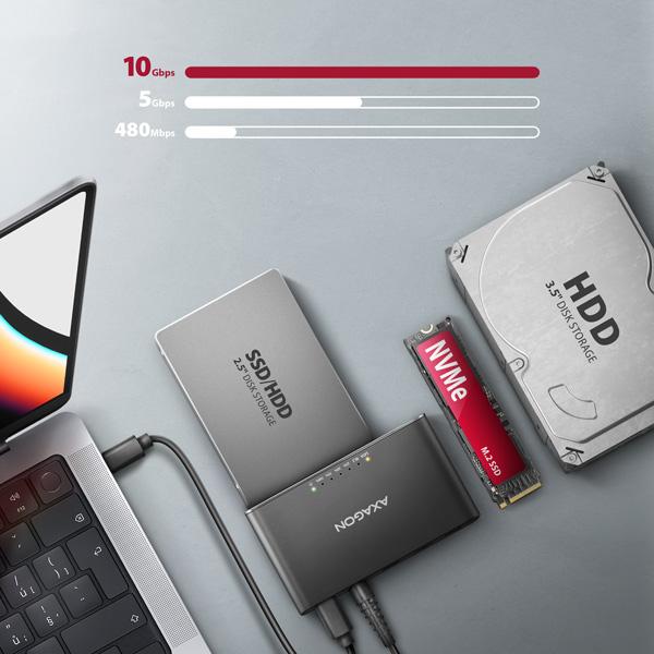 AXAGON ADSA-CC USB-C 10 Gbps - NVMe M.2 SSD & SATA 2.5"/ 3.5" SSD/ HDD CLONE MASTER 2 