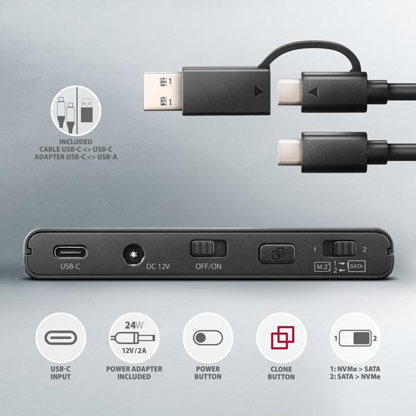AXAGON ADSA-CC USB-C 10 Gbps - NVMe M.2 SSD & SATA 2.5"/ 3.5" SSD/ HDD CLONE MASTER 2 