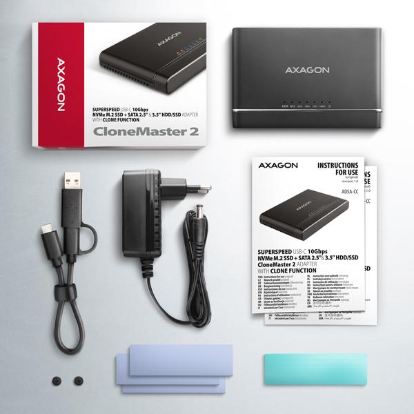 AXAGON ADSA-CC USB-C 10 Gbps - NVMe M.2 SSD & SATA 2.5"/ 3.5" SSD/ HDD CLONE MASTER 2 