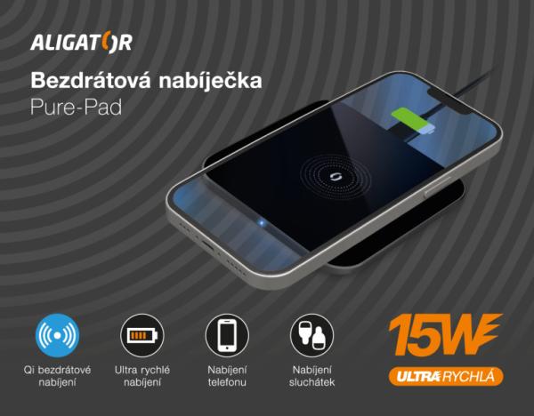 ALIGATOR bezdrôtová nabíjačka Aligator Pure-Pad 15W, čierna 