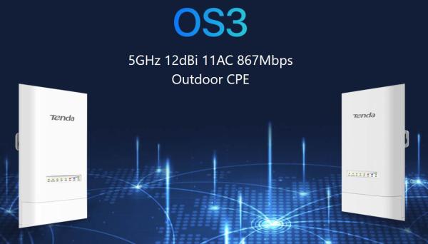 Tenda OS3 Outdoor CPE 5 GHz WiFi AC900, 867Mb/ s, 4x LAN, 12 dBi, IP65, pasívna PoE výhybka + adaptér 