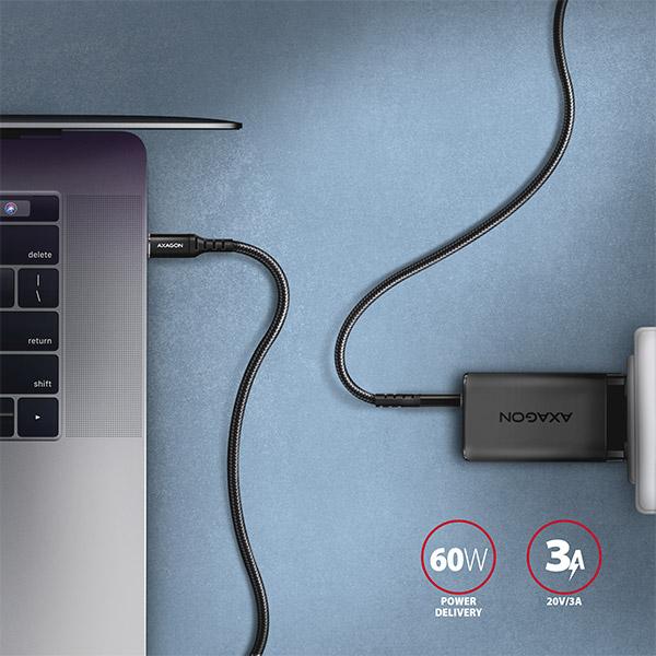 AXAGON BUCM-CM15AB, HQ kábel USB-C <-> USB-C, 1.5m, USB 2.0, PD 60W 3A, ALU, oplet, čierny 
