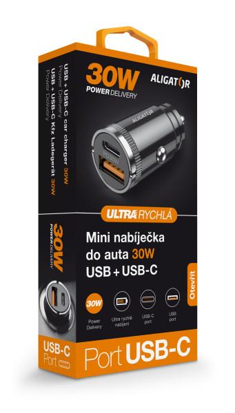 Aligator mini nabíjačka do auta Power Delivery 30W, USB-C + USB-A 