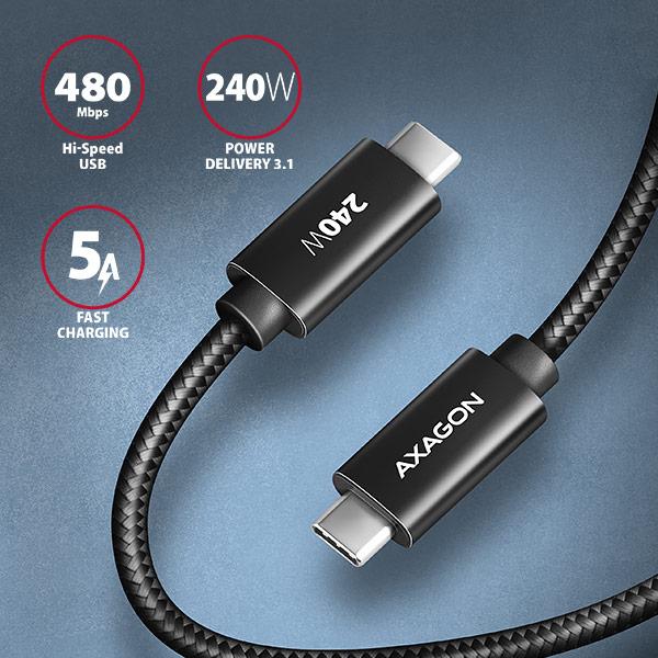 AXAGON BUCM2-CM30AB, CHARGE kábel USB-C <-> USB-C, 3m, Hi-Speed USB, PD 240W 5A, ALU, oplet, čierny 