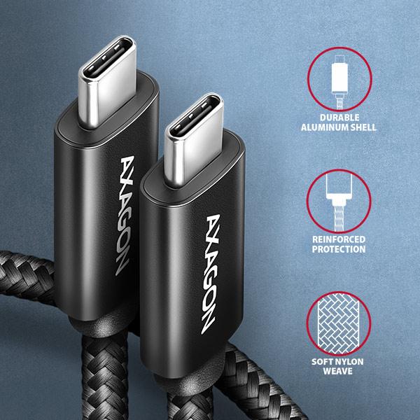 AXAGON BUCM2-CM30AB, CHARGE kábel USB-C <-> USB-C, 3m, Hi-Speed USB, PD 240W 5A, ALU, oplet, čierny 