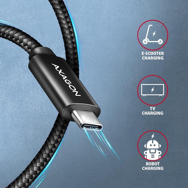 AXAGON BUCM2-CM30AB, CHARGE kábel USB-C <-> USB-C, 3m, Hi-Speed USB, PD 240W 5A, ALU, oplet, čierny 
