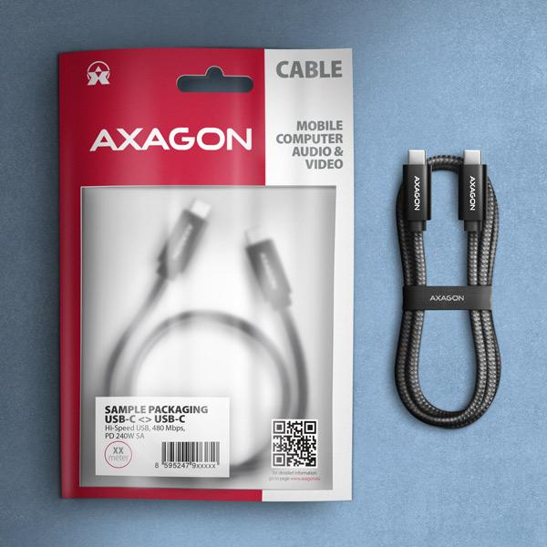 AXAGON BUCM2-CM30AB, CHARGE kábel USB-C <-> USB-C, 3m, Hi-Speed USB, PD 240W 5A, ALU, oplet, čierny 