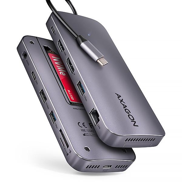 AXAGON HMC-12GM2, USB 10Gbps hub, 3x USB-A, USB-C, HDMI, DP, RJ-45 GLAN, M.2, SD/ mSD, audio, PD