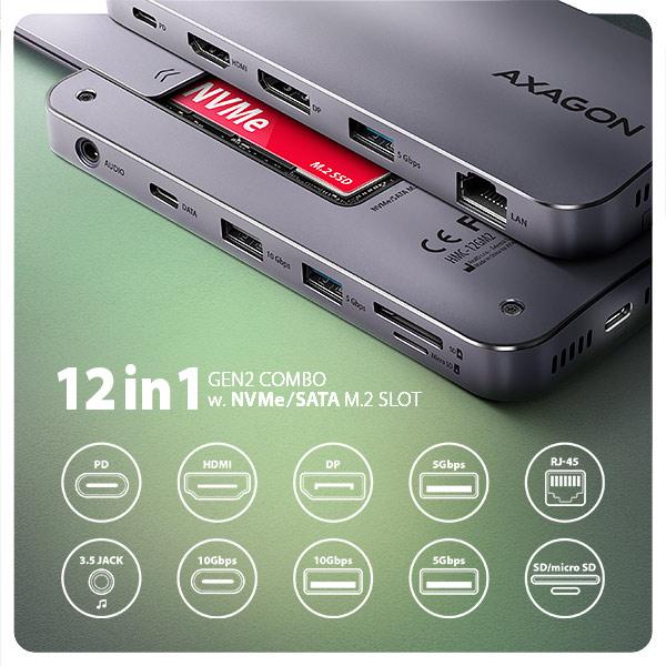AXAGON HMC-12GM2, USB 10Gbps hub, 3x USB-A, USB-C, HDMI, DP, RJ-45 GLAN, M.2, SD/ mSD, audio, PD 