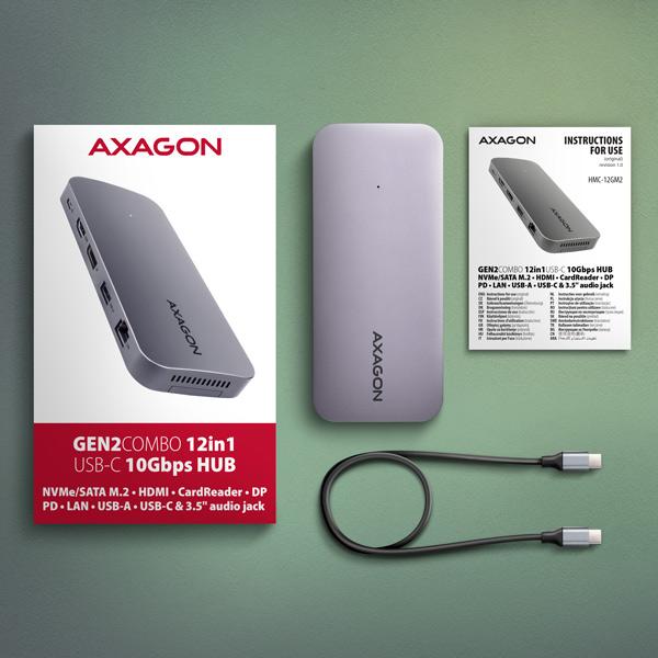 AXAGON HMC-12GM2, USB 10Gbps hub, 3x USB-A, USB-C, HDMI, DP, RJ-45 GLAN, M.2, SD/ mSD, audio, PD 
