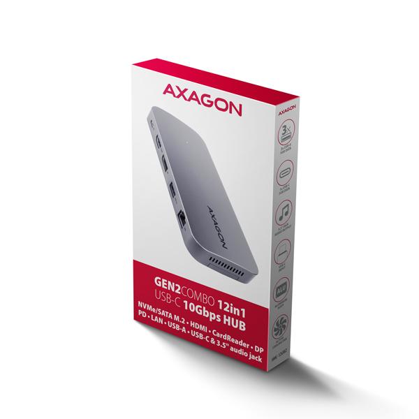 AXAGON HMC-12GM2, USB 10Gbps hub, 3x USB-A, USB-C, HDMI, DP, RJ-45 GLAN, M.2, SD/ mSD, audio, PD 